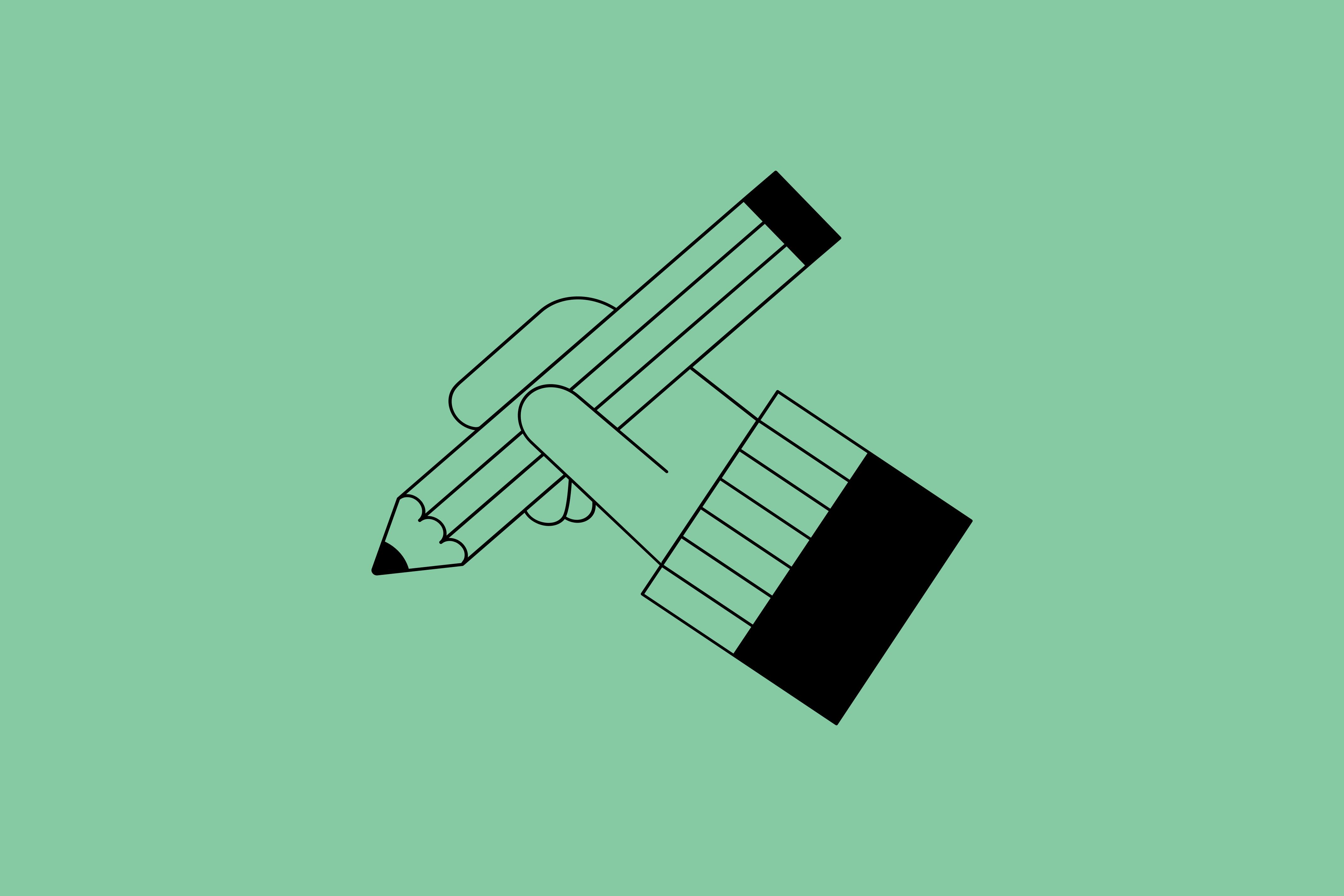 Against a mint green background is an illustration with black lines. Shown is a hand holding a pen.